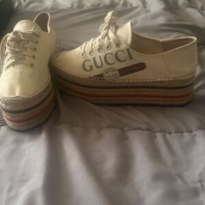 Gucci Women's Cream Espadrille Platform Shoes